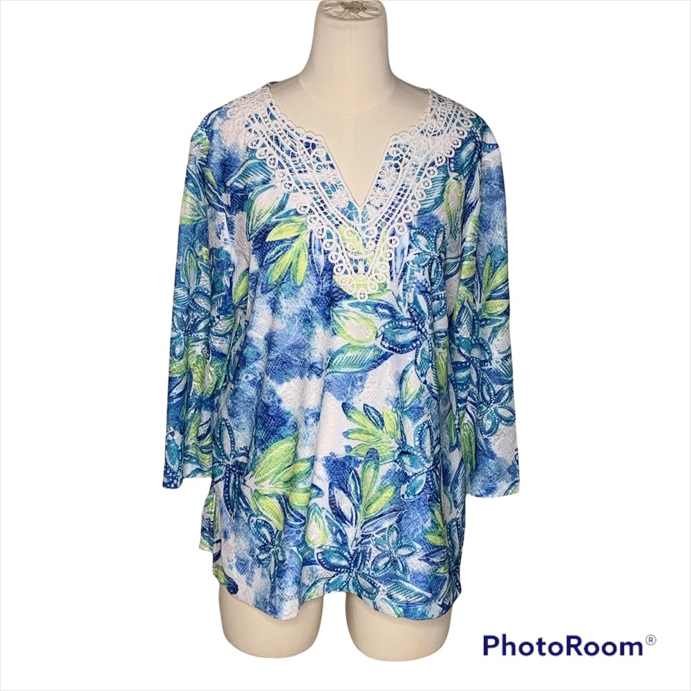 Alfred Dunner Blue Green Yellow Floral Tunic Blouse Top 3/4 Sleeve - Size PM NWT